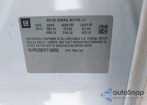 2015 Chevrolet Cruze 1Lt Auto z USA, uszkodzony, nr VIN 1G1PC5SB7F7103832